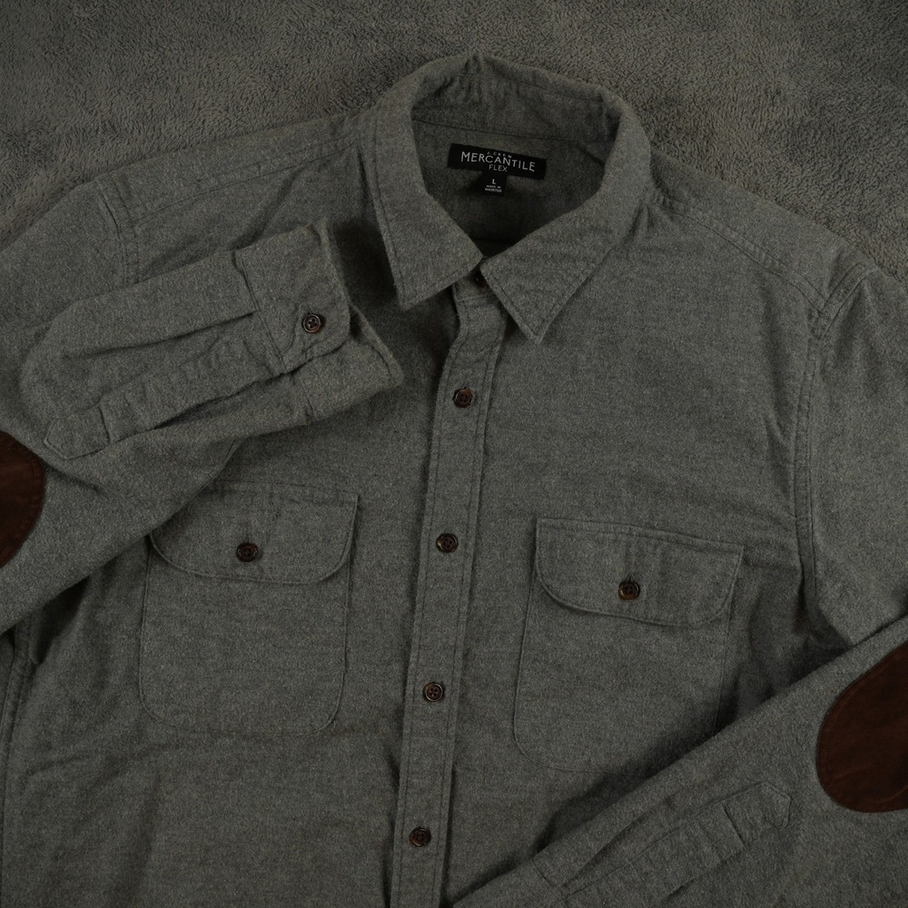 J. Crew Mercantile Flex Flannel Shirt Mens L Grey Button Down Elbow‎ Patches